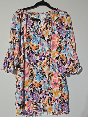 Bright Multi-Color Floral Peasant Blouse